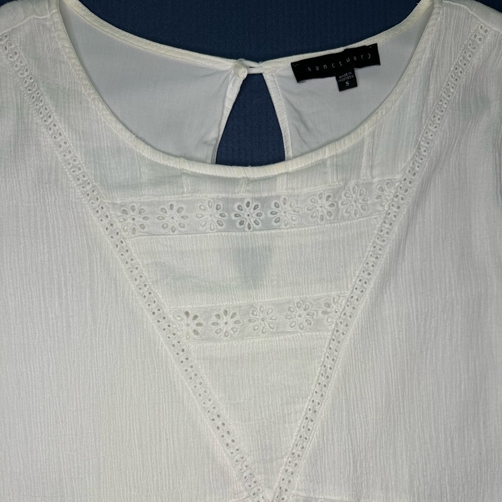 Sanctuary dress cotton eyelet trim pleated white 3/4 sleeves - Picture 5 of 16